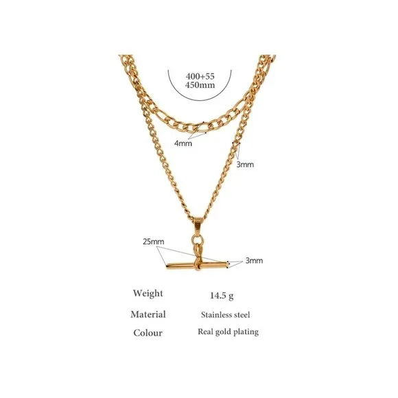 NEW 18K Gold Plated Double Layer Link Chain Bar Drop Necklace - Picture 4 of 4